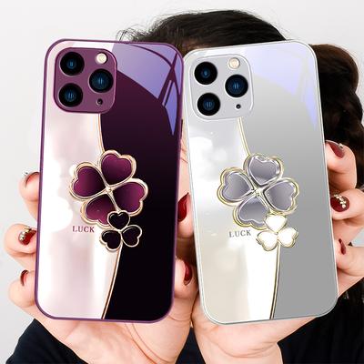 Four Leaf Clover Deep Purple Grey for Iphone 15 14 13 12 11 Pro Max X XS XR 7 8 Plus 2020 2022 SE Tempered Glass Phone Case