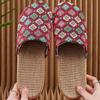 Women's Ethnic Floral Linen Sandals - Breathable Toe-Cover Slippers for Home