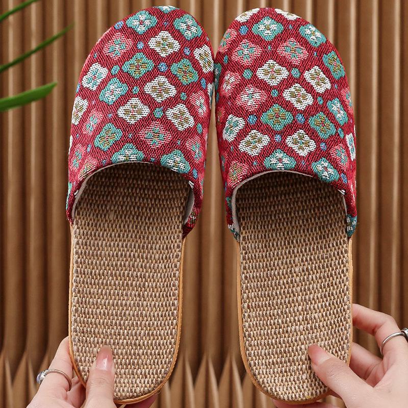 Women's Ethnic Floral Linen Sandals - Breathable Toe-Cover Slippers for Home