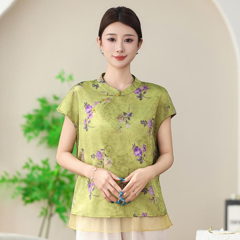Summer Casual Chinese Style Suit: Diagonal Lapel Top with Frog Buttons for Middle-Aged Women - Lightweight Two-Piece Set