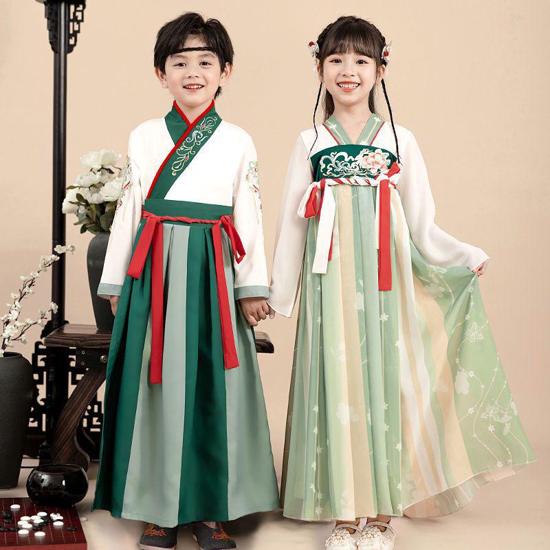 Costume da Studente Hanfu per Bambini: Abito Classico dei Tre Caratteri e per la Recitazione di Poesie per Bambini e Bambine, Primavera/Autunno