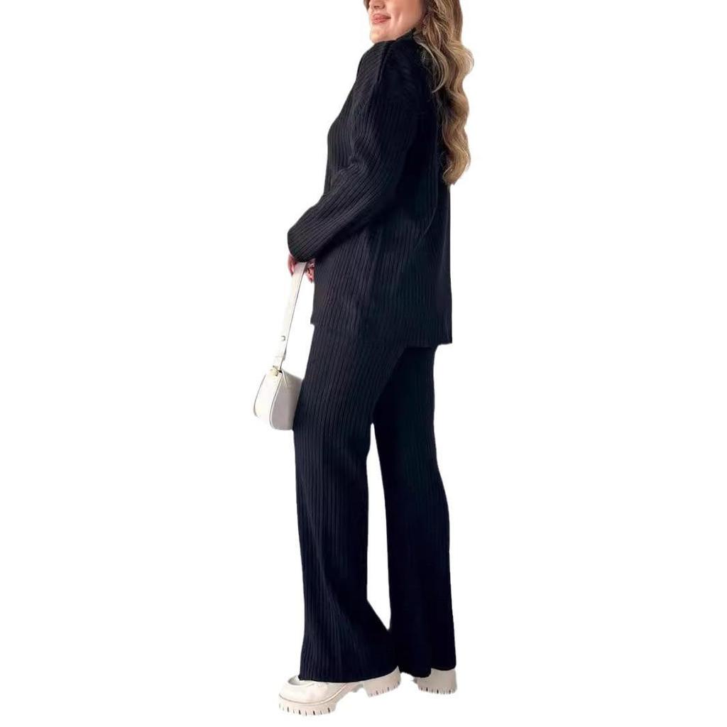 Spring 2025 Women's Solid Color Zippered Knit Set: High Neck Ribbed Loungewear Two-Piece