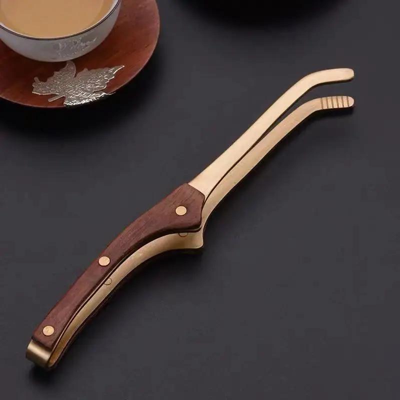 17cm Anti-hot Wood Copper Tea Clip Non-Slip Tea Set Tweezers Tea Ceremony Accessories Household Supplies Wooden Tongs