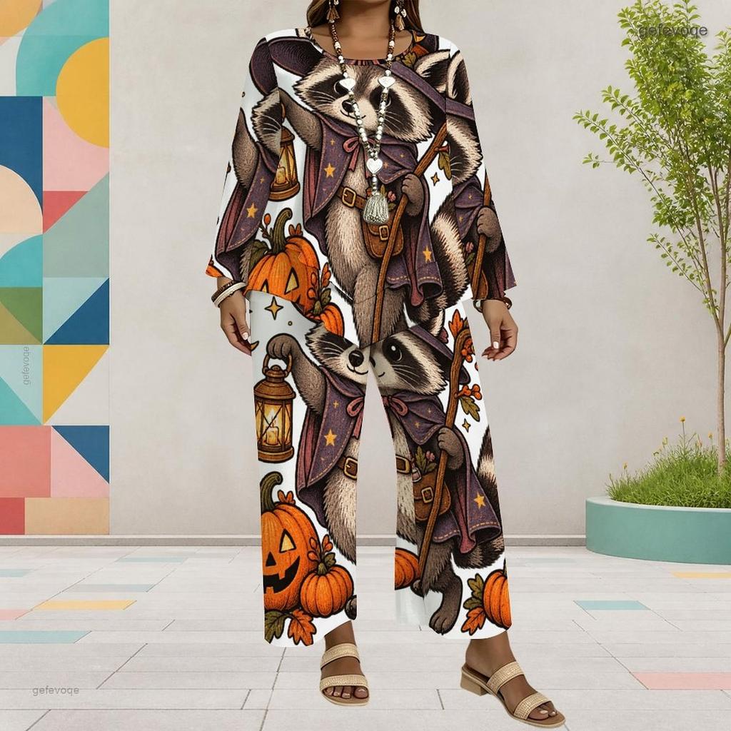 Women Plus Size Round Neck Long Sleeve Cartoon Ghost Printed Layered Top Wide Leg Cropped Pants Two Piece Set