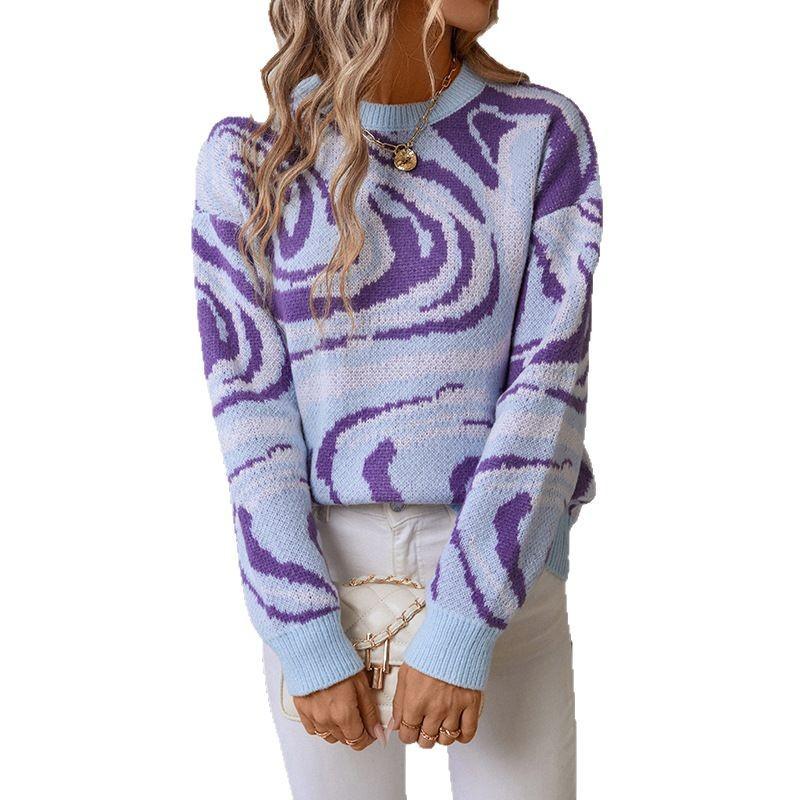 Women S Knitted Pullover Sweater Round Neck Loose Fit Colorful Pattern Spring