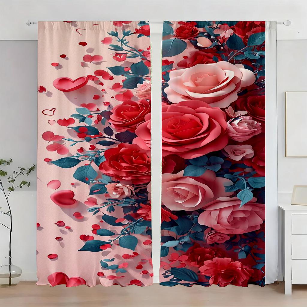 2pcs Romantic Red & Pink Rose Heart Curtains Bedroom Living Room Window Decor Valentine's Day Chic Home Decor Rod Pocket Curtain