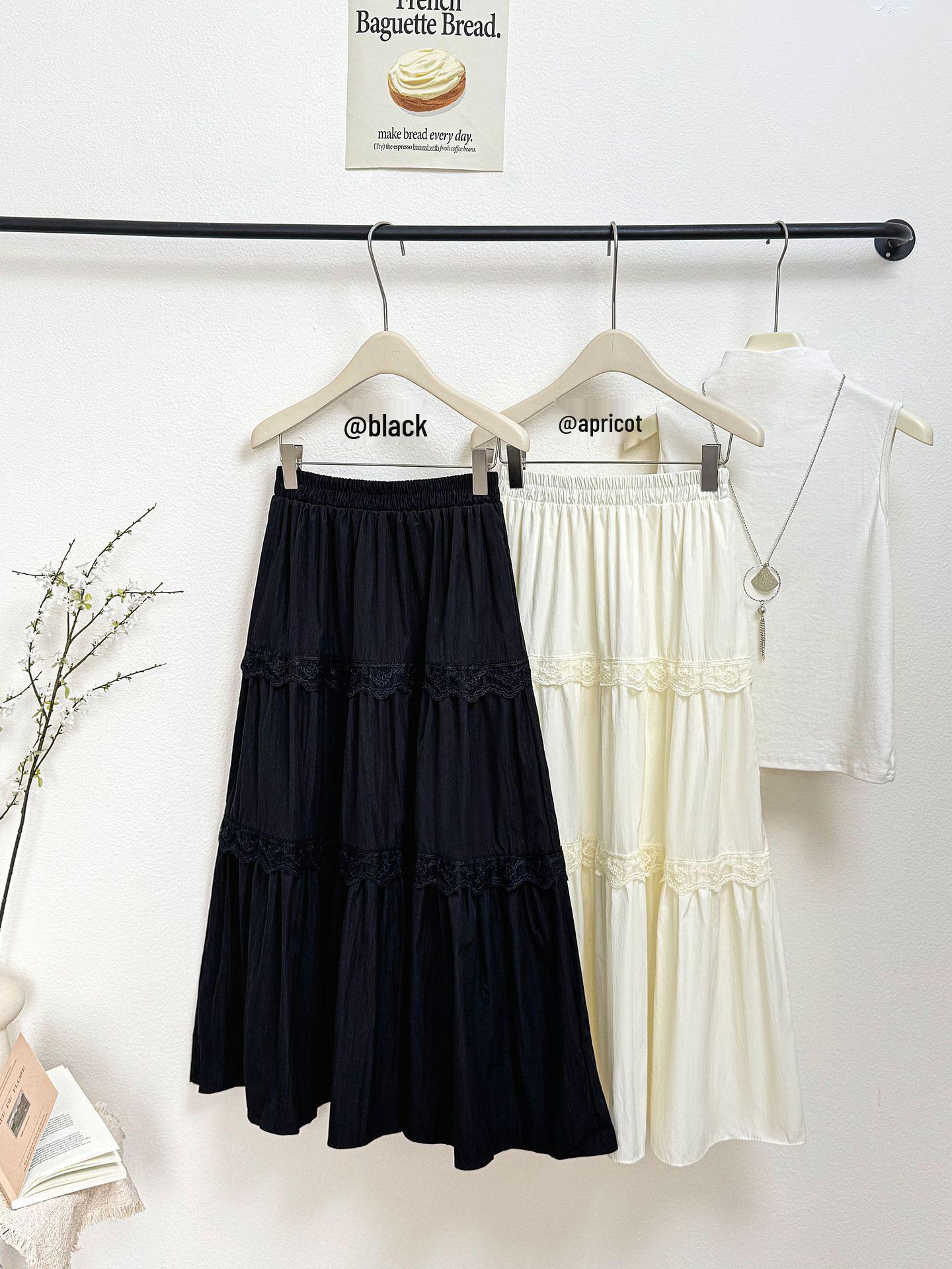 Ballet-Inspired White Lace Patchwork A-line Midi Skirt for Spring/Summer 2026 One Size чёрный