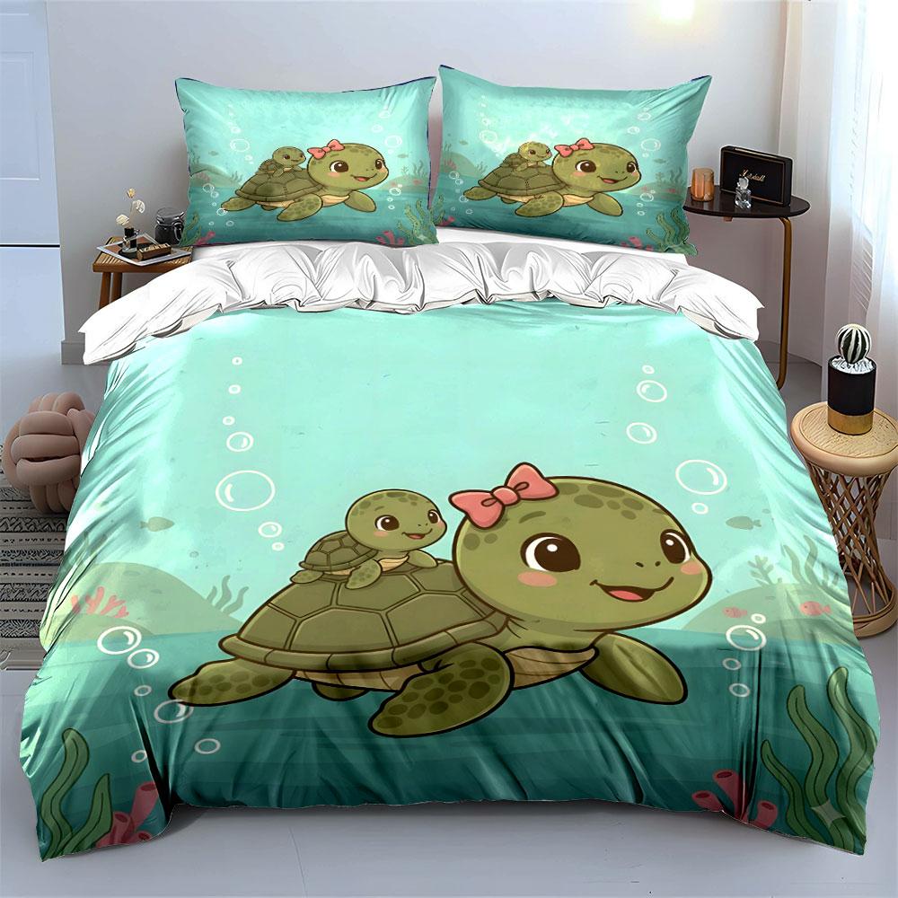 Adorable Turtles In Ocean Cartoon Print Bedding Set 1 Duvet Cover 2 Pillowcases For Adult And Children Luxury Gift Full Size