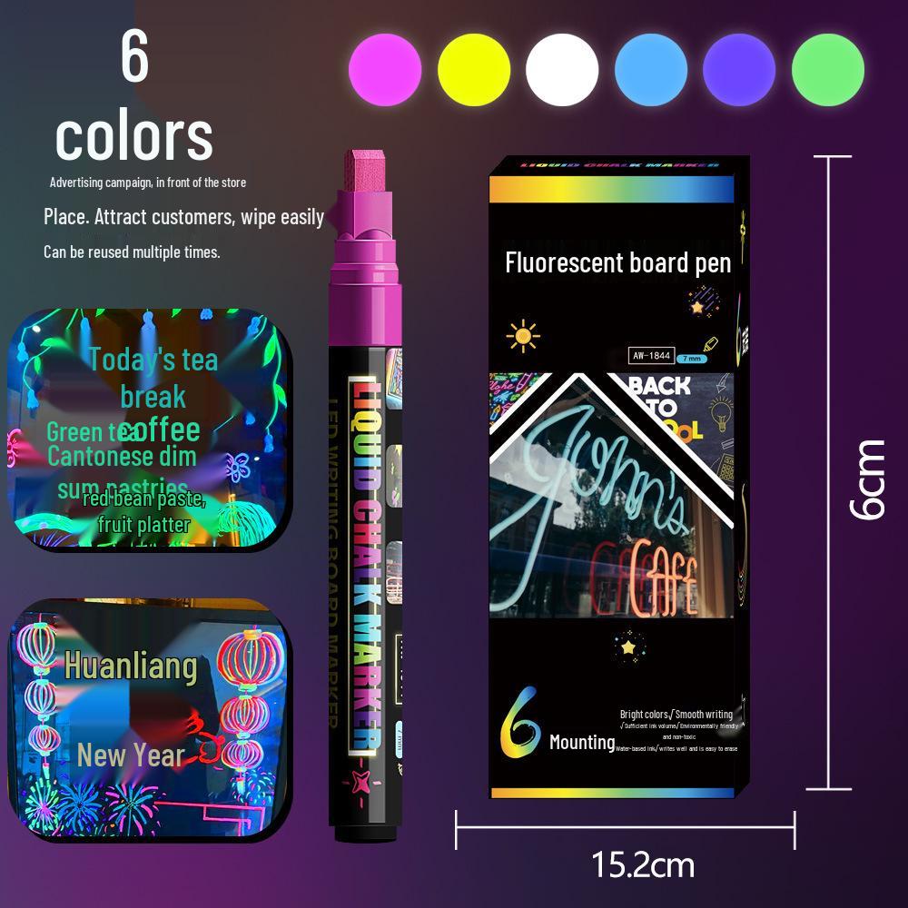 Fluorescent Liquid Chalk Pen - Water-Soluble, Dustless, Erasable Marker for Graffiti and Advertising Flat Head