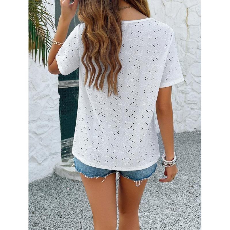Ladies Temperament Casual Solid Color Square Neck Hollow Short Sleeved T-shirt Top
