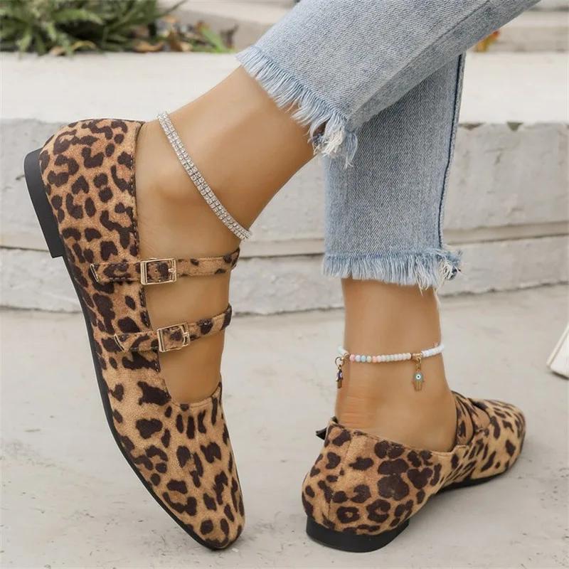Women's Shoes 2025 Brand Buckle Strap Women's Flats Fashion Leopard Print Daily Flats Women Hot Sale Square Toe Flat Low Heels