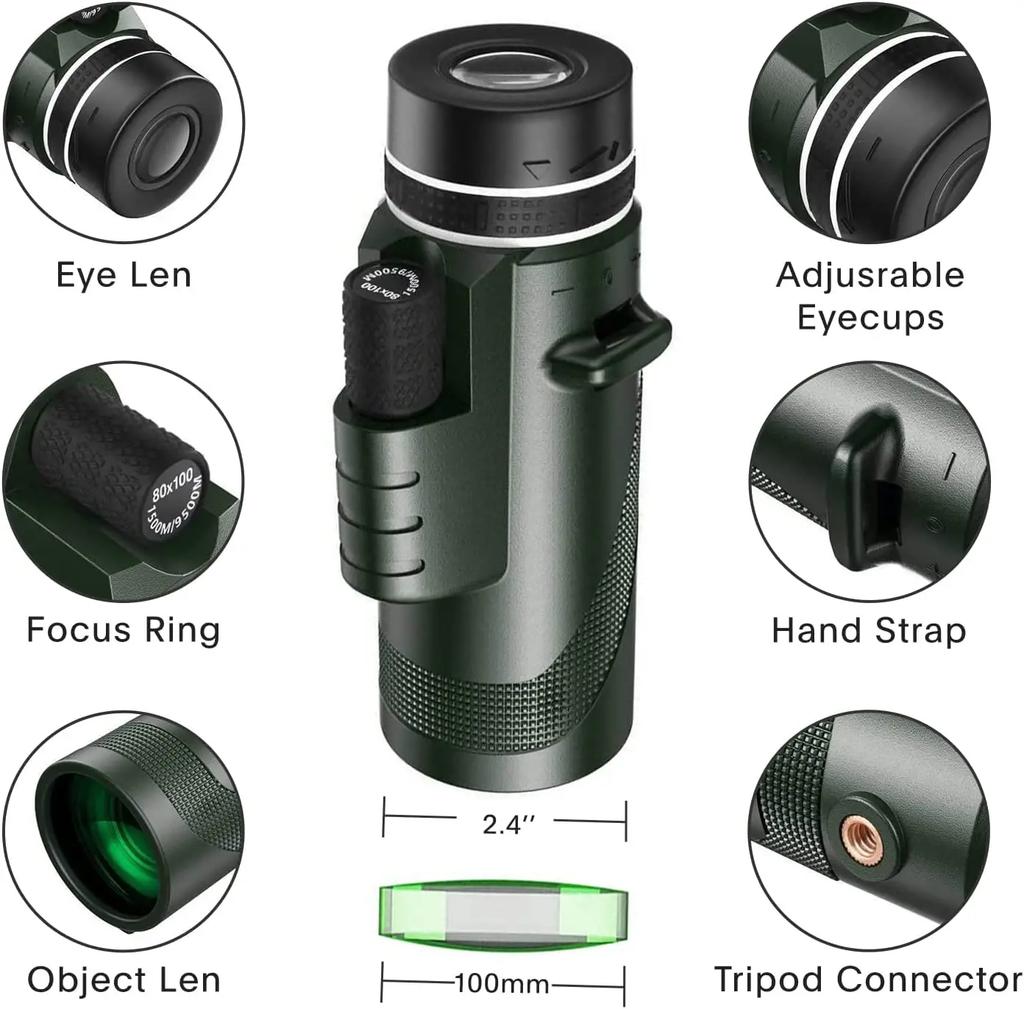 80x100 Monocular Telescope Portable With Tripod Mobile Phone Clip ,bird Watching, Camping And Hiking