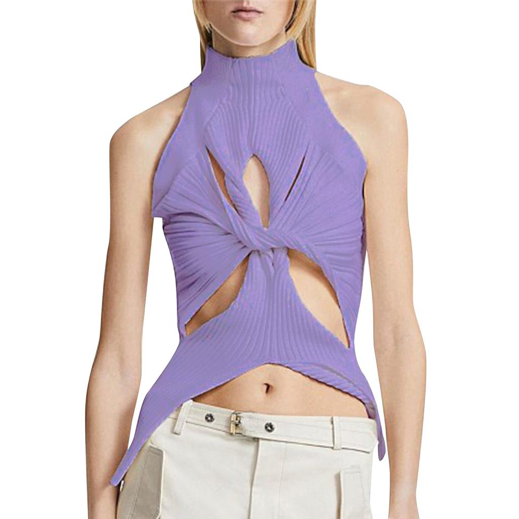 Women's Summer Sleeveless Vest Irregular Hollowed Out Kink Half High Neck Color Crop Knitted Vest Top