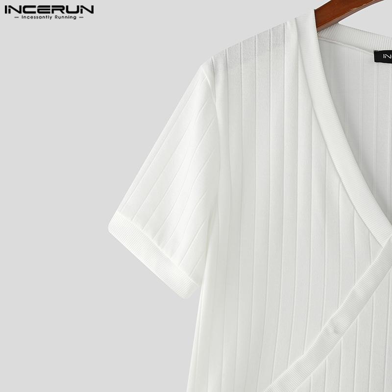 INCERUN Men V Neck Short Sleeve Solid Color Casual Fitted Rib T-shirts