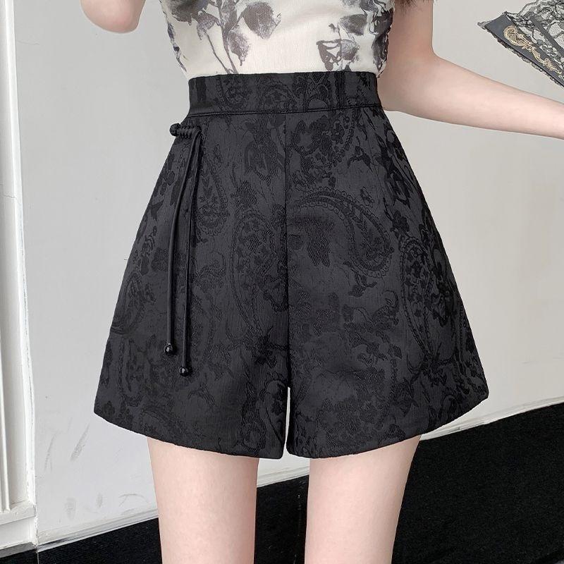 Casual Pants Jacquard Satin Elastic Waist Slim Shorts Women s Summer Fringed Pants High Waist Jacquard Pearl Drawstring Wide Leg Skort S