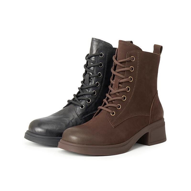 BELLE Women's Leather Block Heel Lace-Up Martin Boots