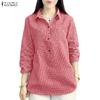 Women Casual Turn Down Collar 3/4 Sleeve Loose Grid Print Blouse