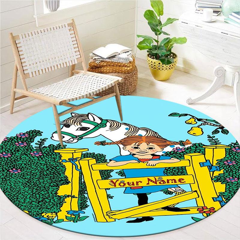 Pippi Longstocking Custom Name Round Area Rug,Carpet Rug for Living Room Bedroom Sofa Playroom Decor,Non-slip Floor Mat