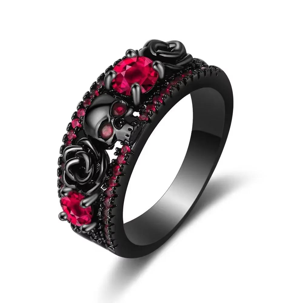 Huajie Personality Women's Rose Carving Zircon Eyes Skull Rings Gothic Style Gun Black Ring Accessories  Trend