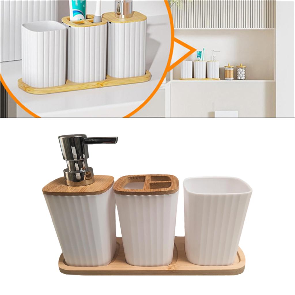 4Piece Bathroom Organizer Set with Toothbrush Cup Hydraulic Cup Mouth Cup Wood Tray Durable Construction
