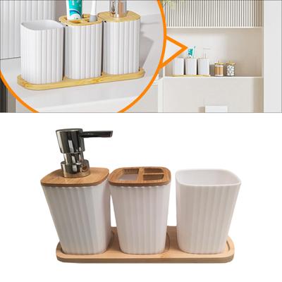 4Piece Bathroom Organizer Set with Toothbrush Cup Hydraulic Cup Mouth Cup Wood Tray Durable Construction