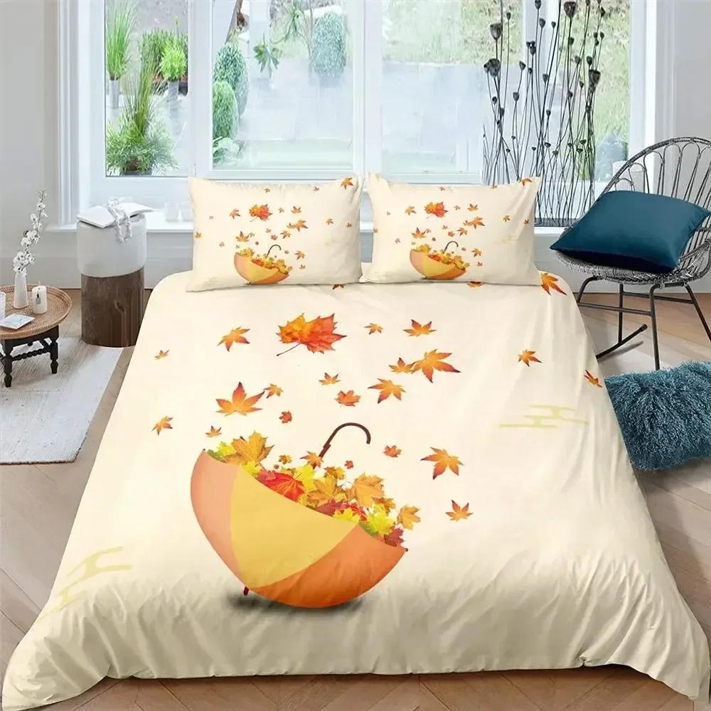 Maple Leaves Duvet Cover Set Colorful Autumn Season Maple Leaves In Unusual Designs Nature Print King Size 3D Bedding Set