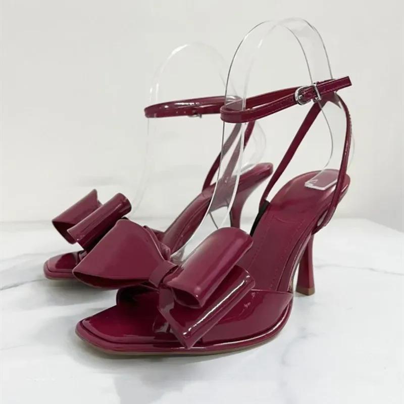 Fashion 2025 Summer Fashion Square Toe Bowknot Patent Leather Women Gladiator Sandals Sexy Ankle Strap Stiletto High Heels Wedding Shoes