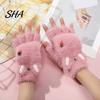 Cute Bear Paw Thermal Mittens Furry Cat Gloves, Flip Top Mitten with Button for Women, Winter Fluffy Plush Accessories Half Finger Gloves Print