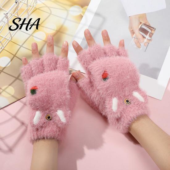 Cute Bear Paw Thermal Mittens Furry Cat Gloves, Flip Top Mitten with Button for Women, Winter Fluffy Plush Accessories Half Finger Gloves Print