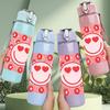 1PC Square Pink Smiley Face Pattern Print 750ml Color Plastic Sports Water Bottle Leakproof Flip Straw Lid Suitable for Sports Office Home Use