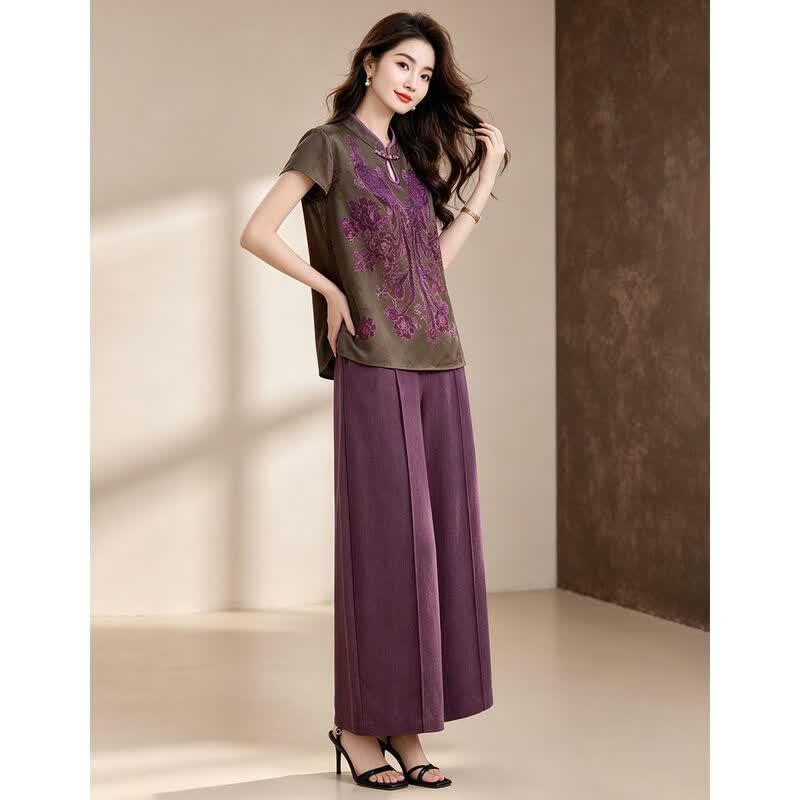 D.F.DEAR Classical Print Stand Collar Shirt & Wide-leg Pants Set