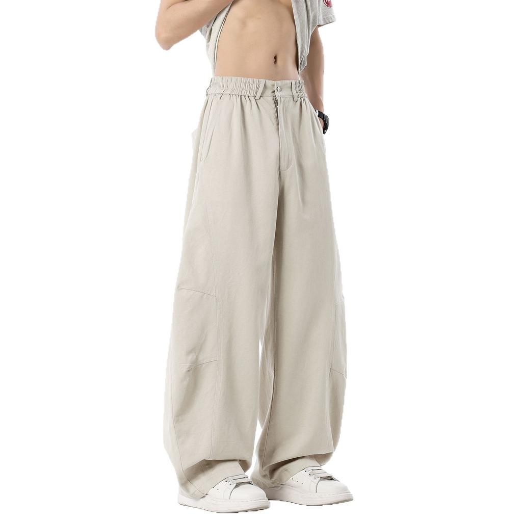 Spring and summer new European, American, Japanese and Korean pure cotton splicing apricot scimitar loose straight casual pants men's pants