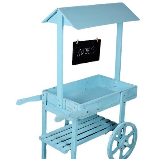 Home Decor Wood Handcart Flower Stand Display Rack for Balcony & Cafe