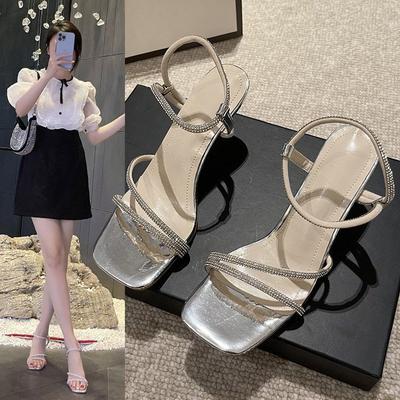 Rhinestone Sandals Women's Outer Wear 2025 Summer New Fashion Open-toed One-word Belt Fairy with Skirt High Heels Stiletto