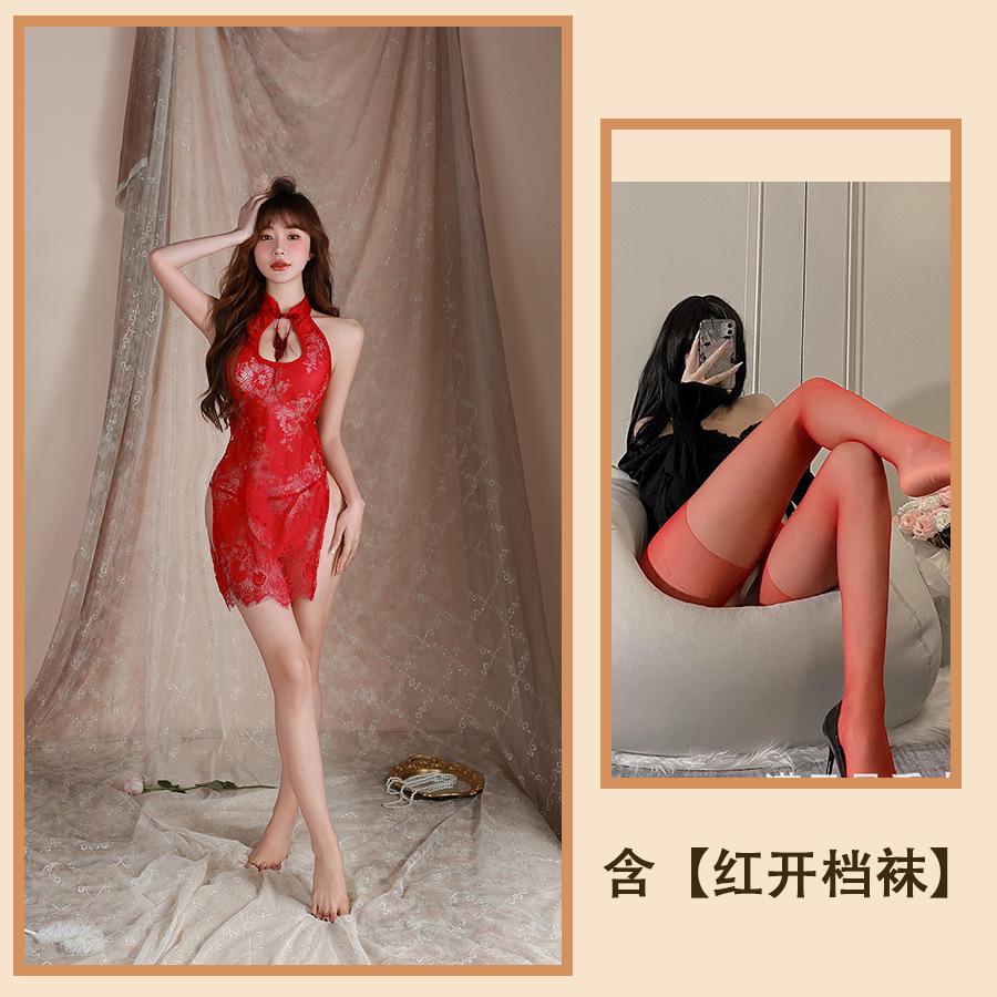 Sexy Underwear Lace Hollow Sexy Cheongsam Temptation Open Fork Perspective Pajamas Slim Bed Set