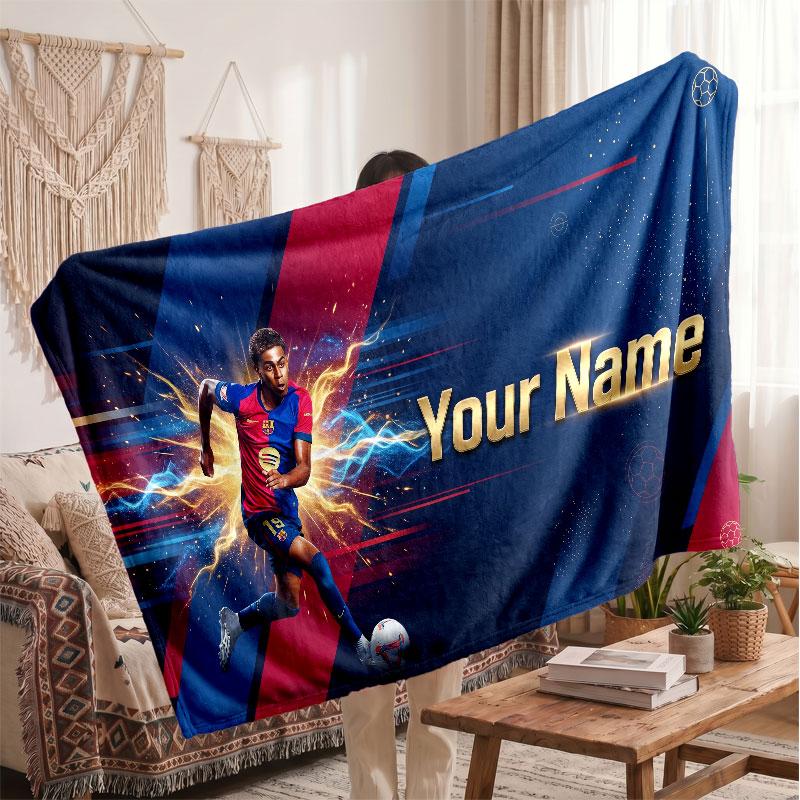 Lamine Yamal Personalized Fleece Blanket With Football Logo, Custom Name Text Soft Warm Home Throw Blanket