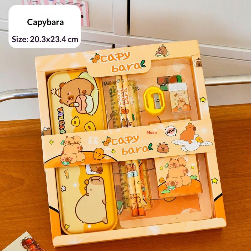 7Pcs/Set Cute Cartoon Capybara Pencil Ruler Crayon Eraser Stationery Sets Student Rewards Prizes Children'S Learning Supplies
