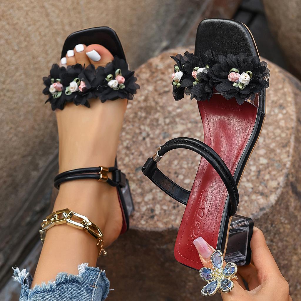 Summer Women High Heel Sandals Crystal Buckle Thick Heel Slippers Fashionable Floral Sandals Designer Rubber Sole Simple Shoes