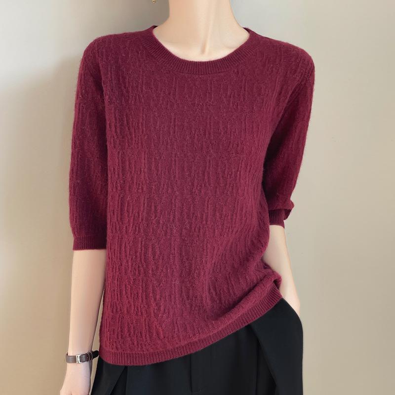 Women's Crew Neck Half Sleeve Loose Fit Knit Top Cutout Design Casual Blouse