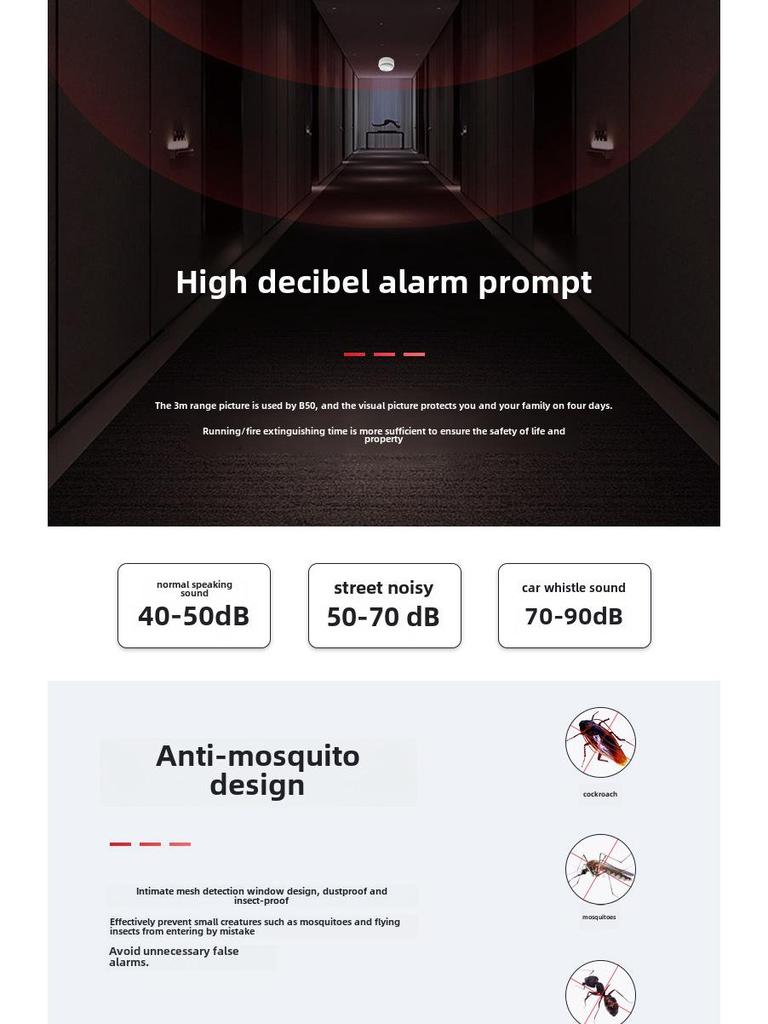 Détecteur d'alarme incendie sans fil sonore et lumineux pour usage domestique et commercial