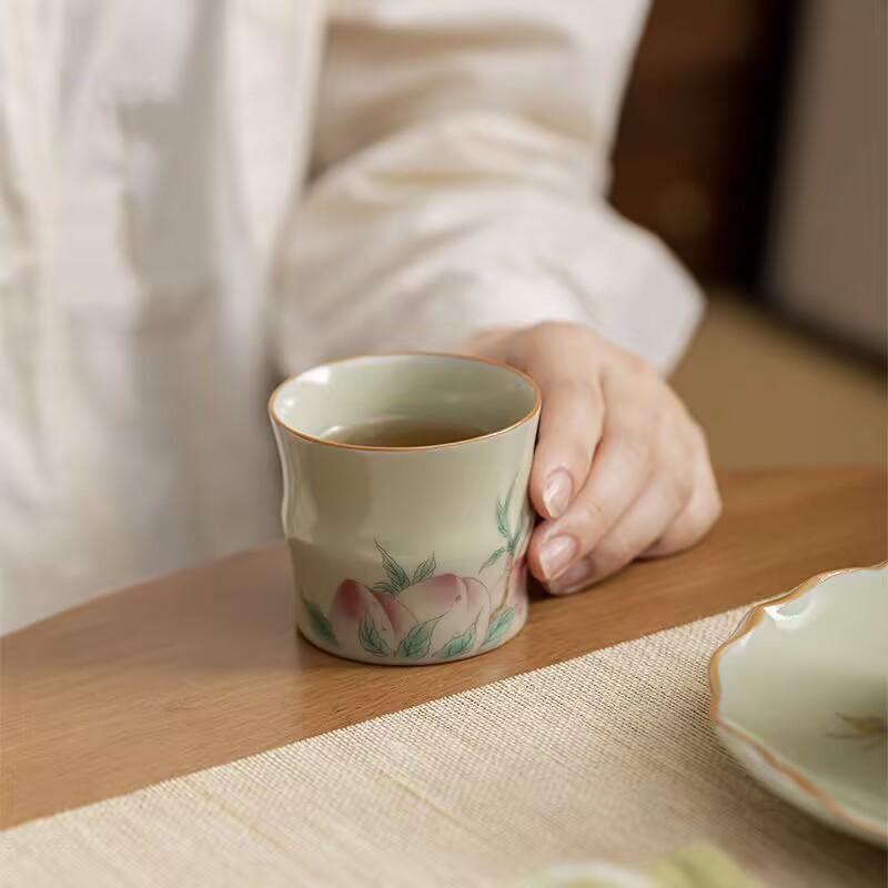Teacup Master Cup Ru Kiln Secret Yellow Hand Painted Straight Body Cup Chinese Household Ceramics Personal Tea Drinking Bamboo Cup Tea Tasting Cup