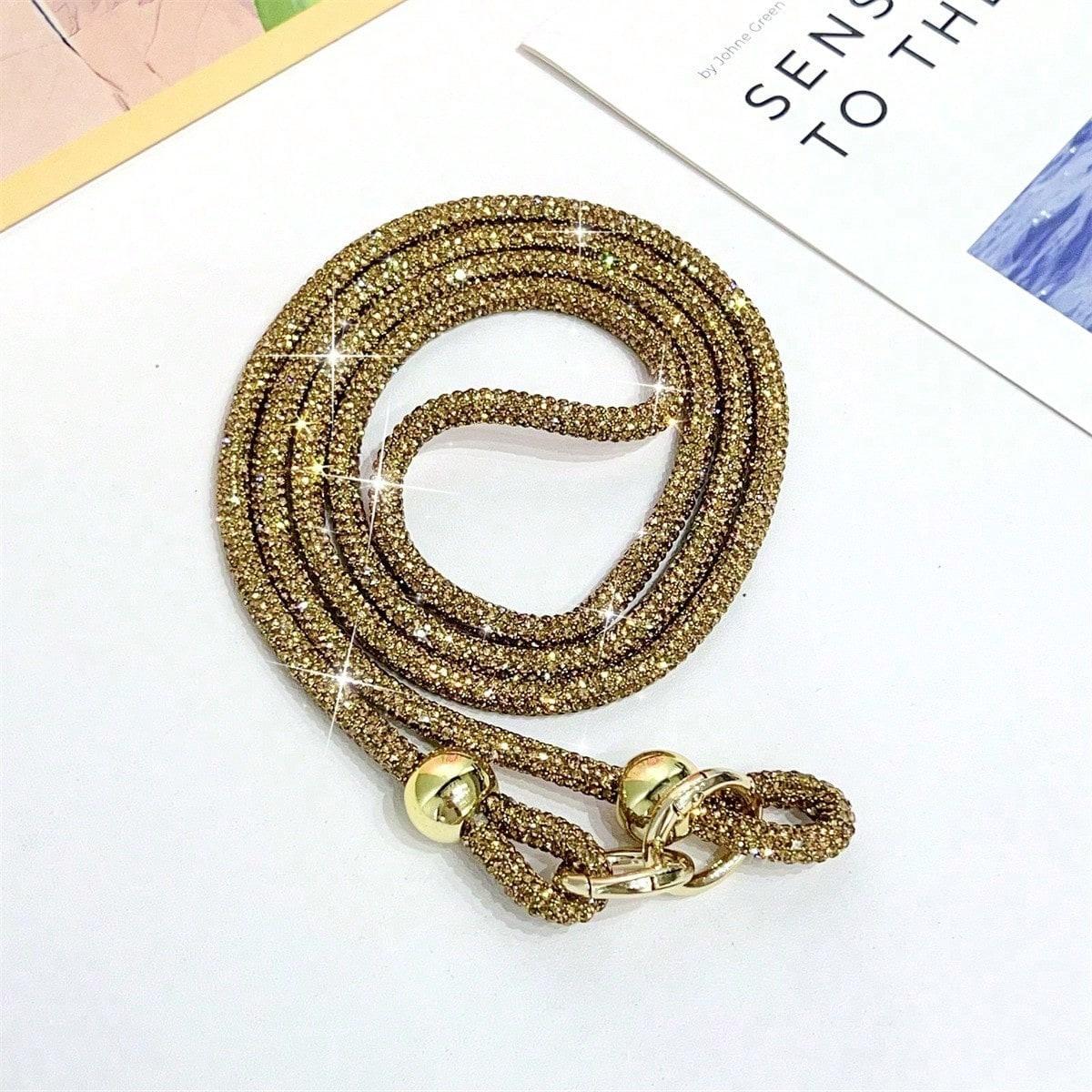 Chaîne de téléphone à suspendre avec perles entièrement diamantées Longue lanière bandoulière en strass Pendentif de sac avec perle dorée golden multicolore