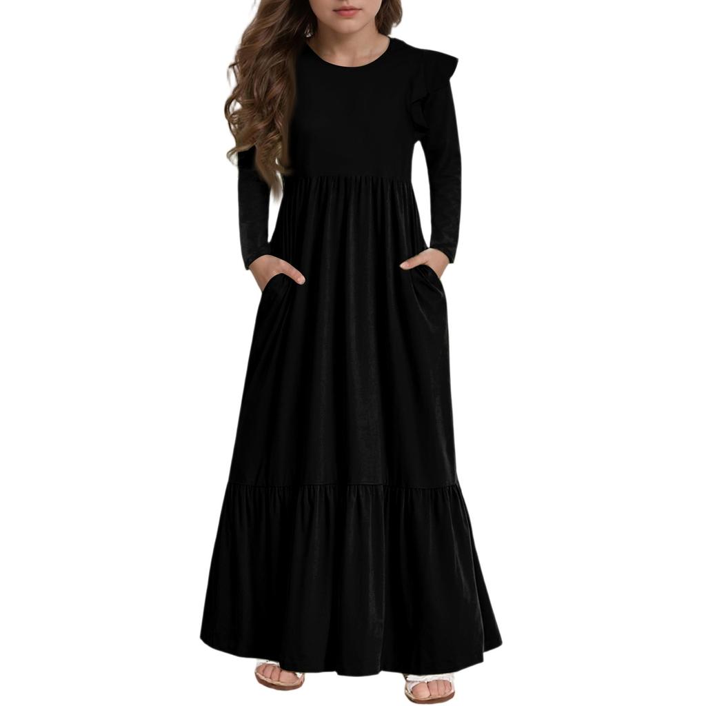 Girls' Tiered Ruffle Dress - Long Sleeve Printed Maxi With Pockets