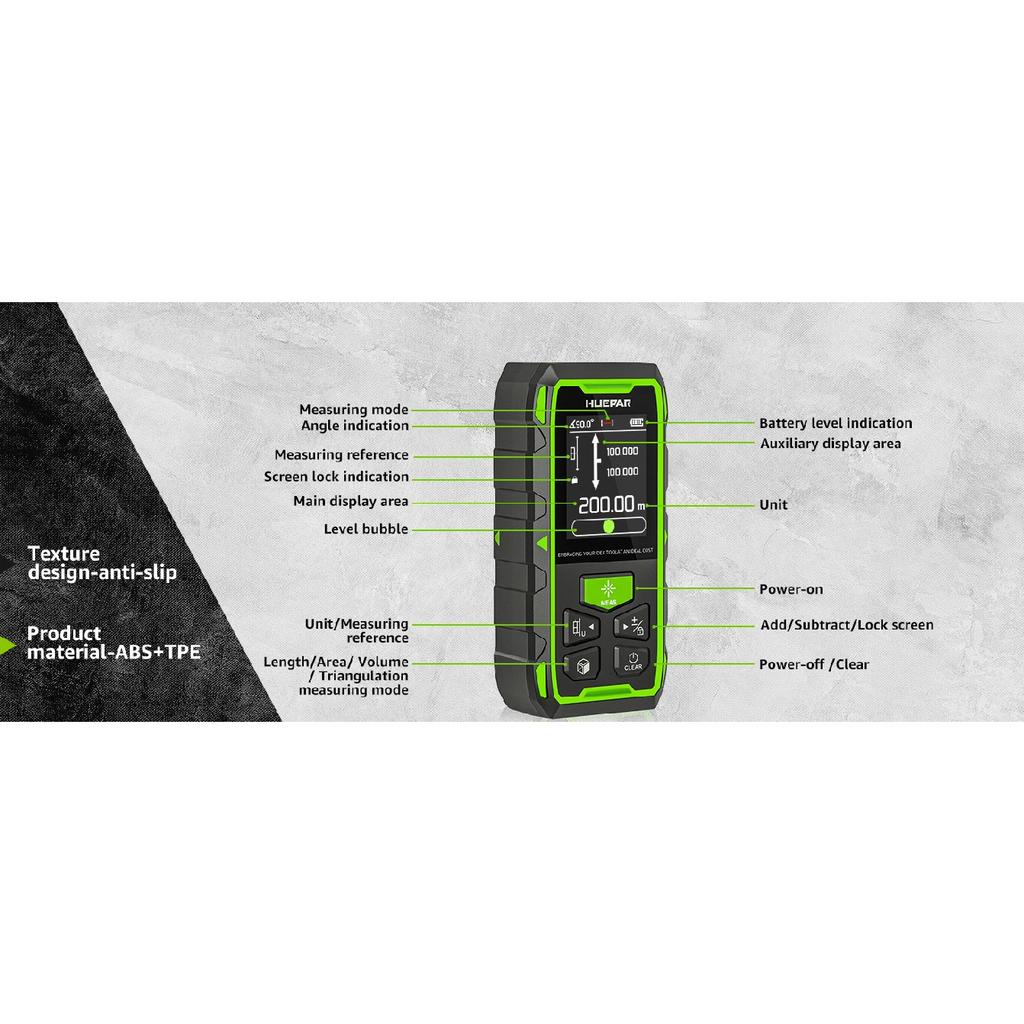 Huepar Dual Laser Rangefinder 120M/200M Green Beam Digital Laser Meter Multiple Unit Measurement Tool With Backlit LCD display