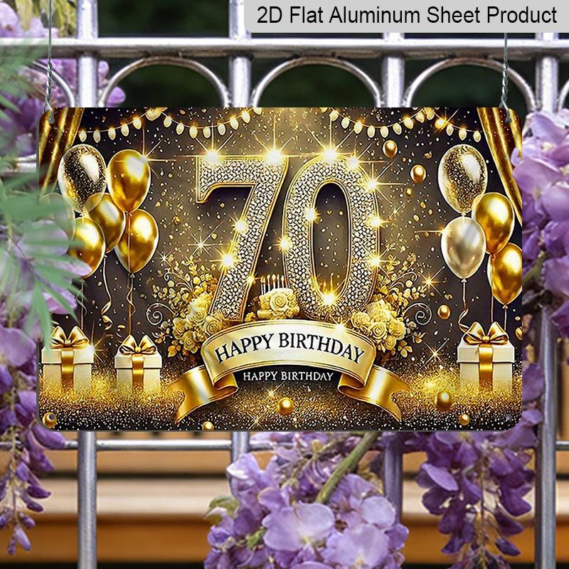 2D Flat, 1pc "70th Happy Birthday" Gold Glitter Aluminium Plaque Sign 12x8 Inch - Black & Gold 70th Birthday Balloon Design, Metal Wall Decor for