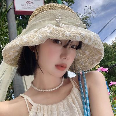 Handmade Hat Rustic Style Forest Style French Lace Flower Sunshade Mesh Pearl Vacation Sunshade Hat