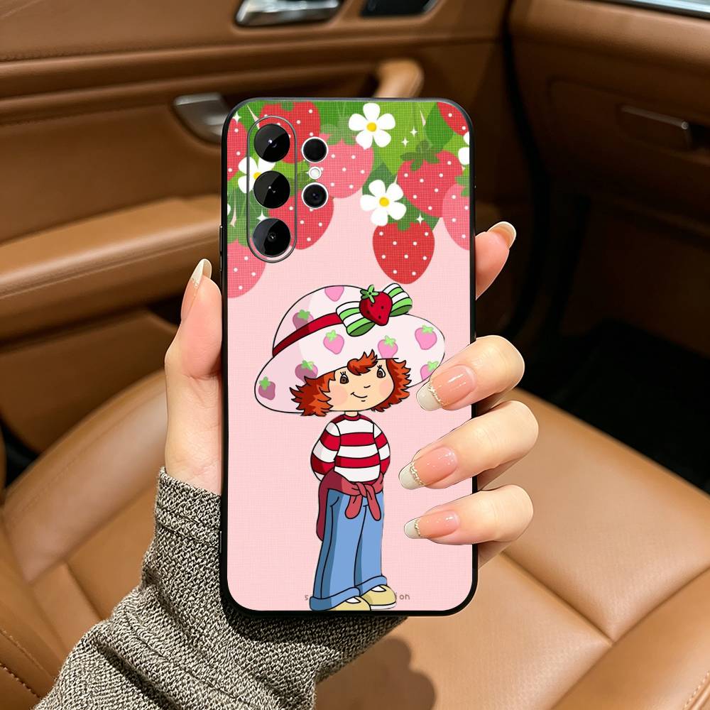 S-Strawberry-S- Shortcake Black Soft Silicone Phone Case for Samsung S25, S24, S21, S22, S23, S30, Ultra, S20, Plus, FE, Lite