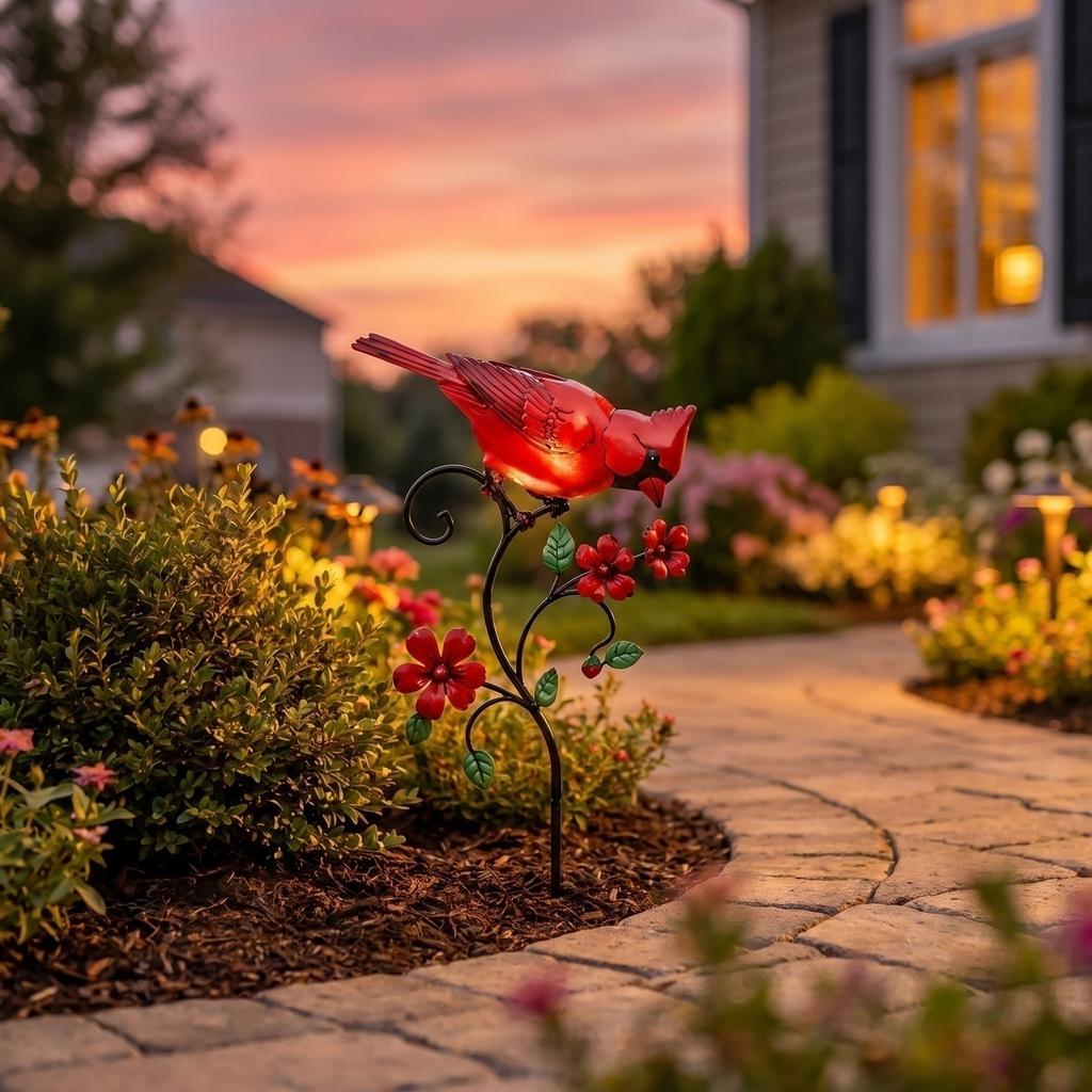 Wrought Red Bird Garden Stake - Rustic Outdoor Yard Decoration for and Patio