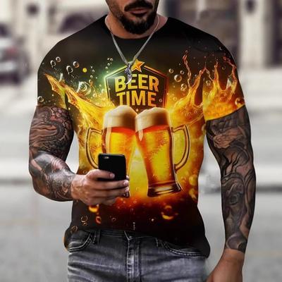 European and American Summer New Beer Style 3D Digital Printed Loose Round Neck Short Sleeved Men's Breathable T-shirt