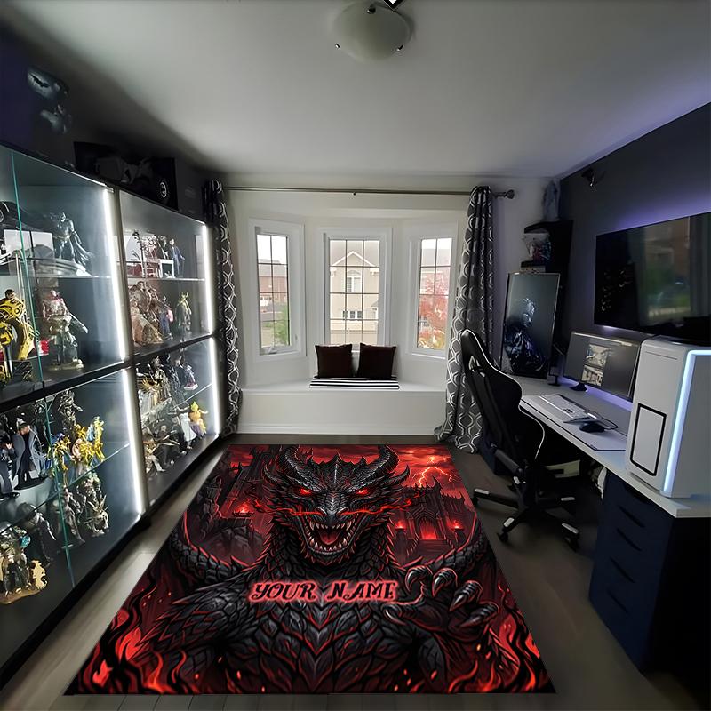 1PC Custom Name "Dragon's Fiery Majesty" Theme Floor Mat Ideal for Living Room, Game Rooms, Office, Bedroom,Floor Mat Playful Design